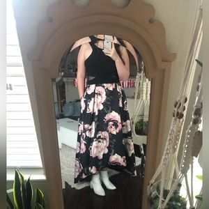 Xscape Black prom dress with pink rose print and mesh side details size 12